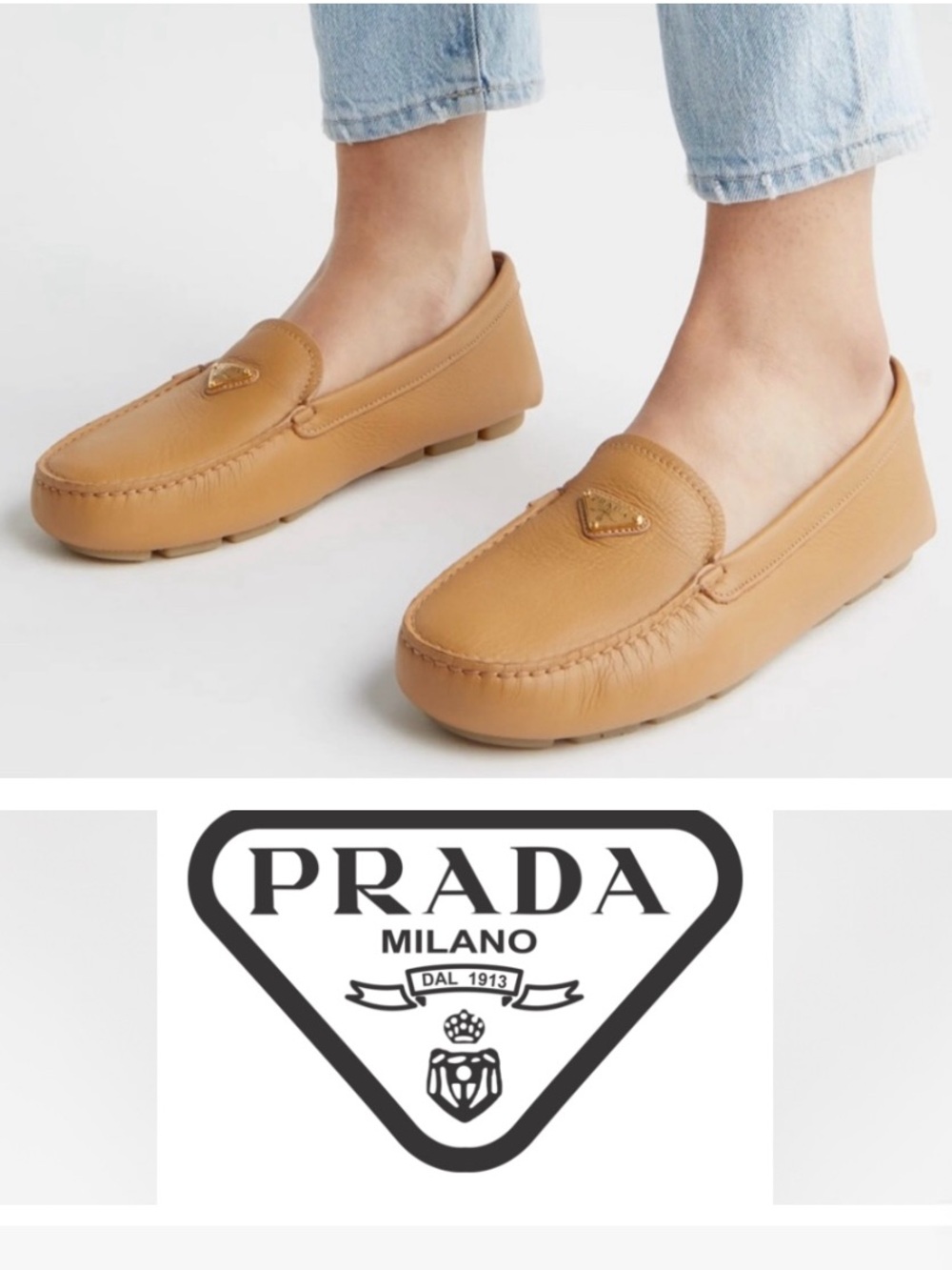 PRADA Triangle Logo Driving Loafer
Women 41 US 11 gently used 
camel brown